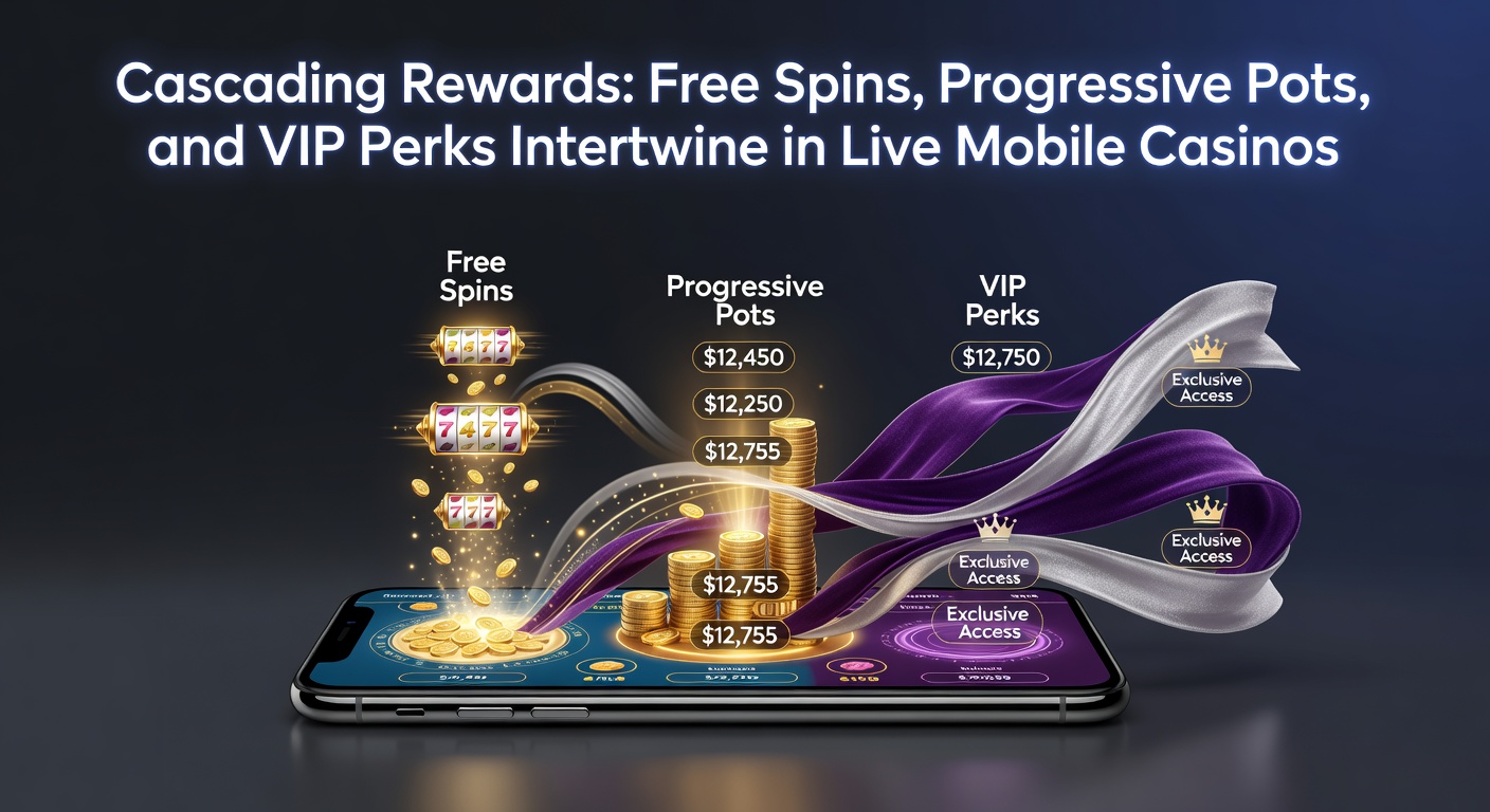 Smartphone mit Live-Casino-App, die Free Spins, progressive Jackpots und VIP-Level anzeigt, während ein Dealer Karten verteilt
