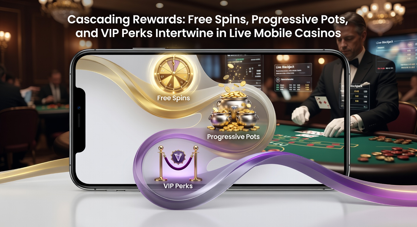 Grafik einer kaskadierenden Belohnungskette: Free Spins fließen in progressive Jackpots, die VIP-Stufen füllen, auf einem Mobile-Screen mit Live-Dealer im Hintergrund
