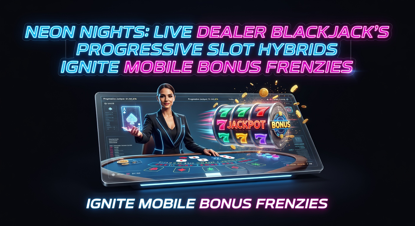 Leuchtende Neon-Lichter umgeben einen Live-Dealer-Tisch mit Blackjack und progressiven Slot-Elementen auf einem Smartphone-Bildschirm, das Bonus-Explosionen zeigt