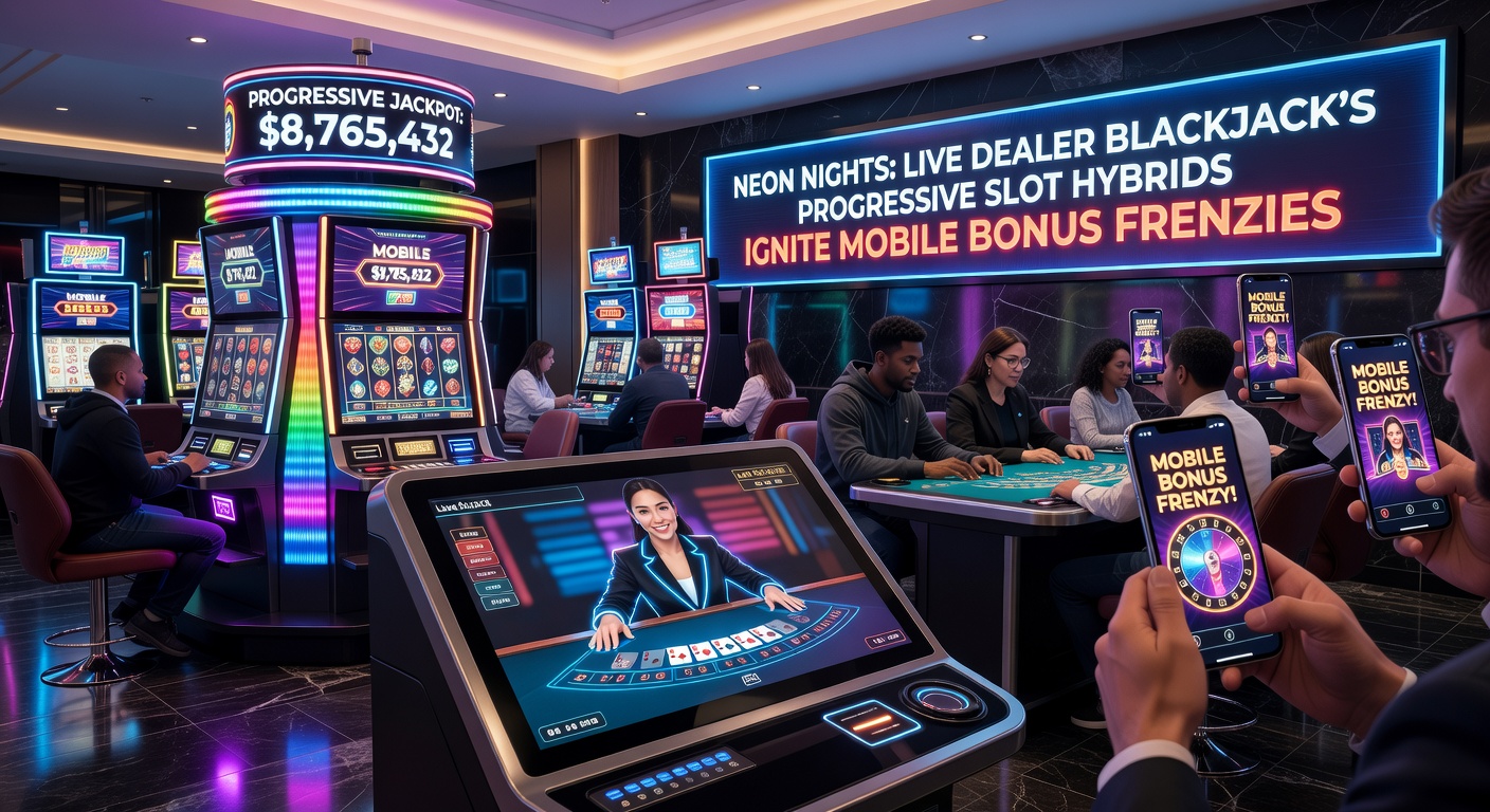 Nahaufnahme eines mobilen Bildschirms mit Neon Nights: Dealer teilt Karten aus, Slot-Rollen drehen sich mit explodierenden Bonussen und steigenden Jackpot-Zahlen