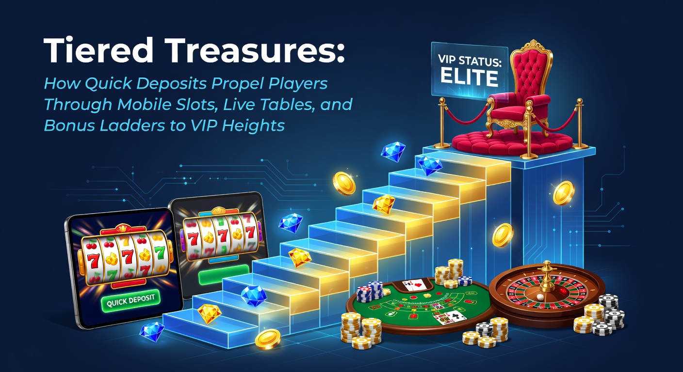 Spieler steigt eine leuchtende VIP-Leiter hoch, umgeben von Slots, Live-Tischen und Einzahlungsboosts auf einem Smartphone-Bildschirm