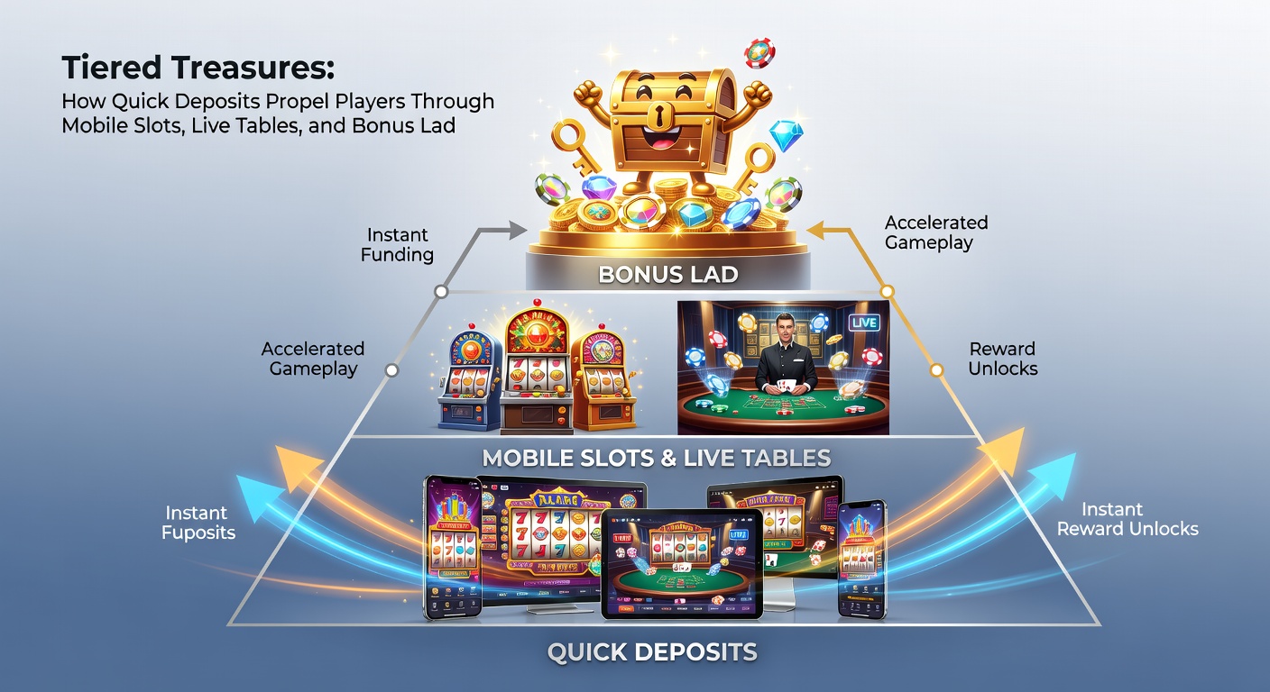 Detaillierte VIP-Leiter mit Slots, Live-Dealern und Bonus-Drops, beleuchtet von Einzahlungs-Icons auf einem modernen Handy
