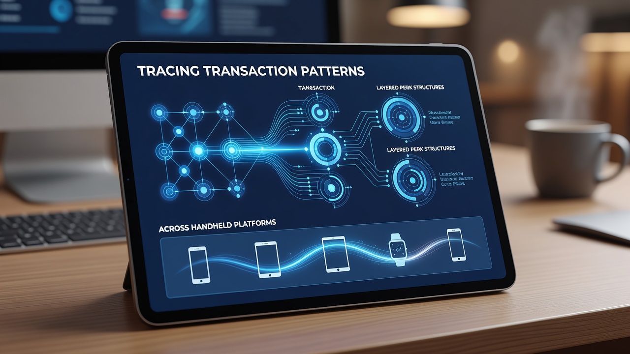 Analyse-Dashboard mit Transaktionsmustern zwischen Walzen, Rädern und Karten auf einem Tablet